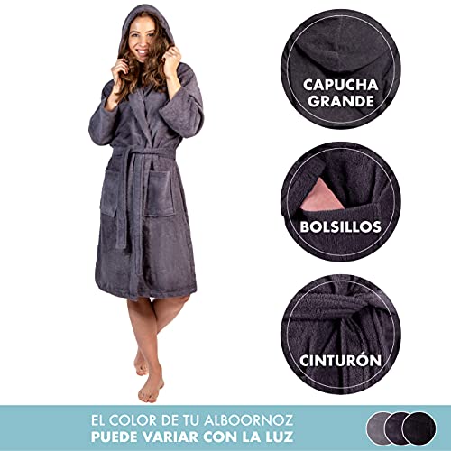 Twinzen Bata Mujer, Albornoz de baño (XL, Gris Oscuro) - Oeko Tex, No Producto Químico - Albornoz de Algodón con Capucha, 2 Bolsillos, Cinturón para Mujer - Bata Baño Suave, Absorbente y Cómoda