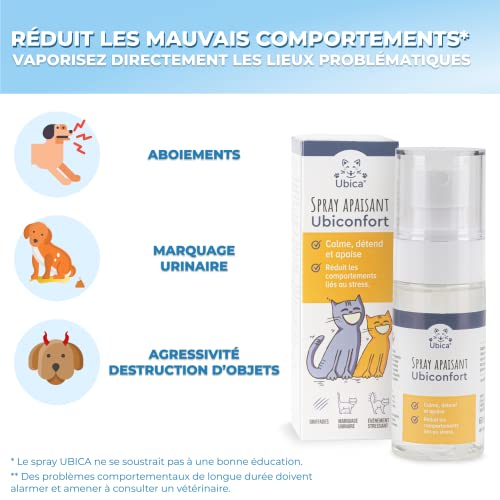 Ubiconfort - Aerosol relajante antiestrés para perros | Pheromonas Perro, Lavanda y Camomilla | Para casa, Transporte, Viaje, Veterinario | + 400 pulverizaciones | 60 ml