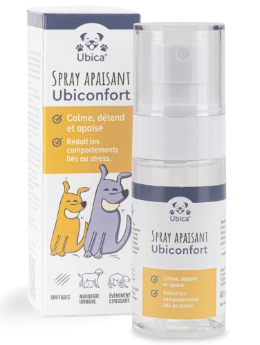 Ubiconfort - Aerosol relajante antiestrés para perros | Pheromonas Perro, Lavanda y Camomilla | Para casa, Transporte, Viaje, Veterinario | + 400 pulverizaciones | 60 ml