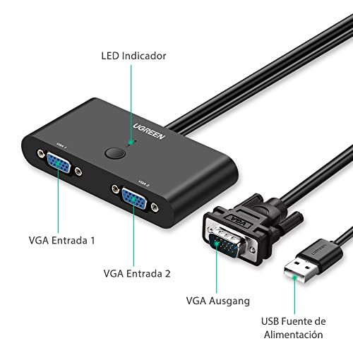 UGREEN VGA Switch, VGA Conmutador 2 Entradas a 1 Salida o 1 Entrada a 2 Salidas, Ladron VGA para Conectar Uno ordenador a dos Proyectores o Dos Ordenadores a un Monitor 1920x1440 @60Hz Full HD 1080P