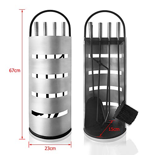 UISEBRT Utensilios para chimenea de acero inoxidable, moderno juego de cubiertos para chimenea, 5 piezas: soporte de acero inoxidable con protección visual, pinzas, atizador y pala para cenizas.