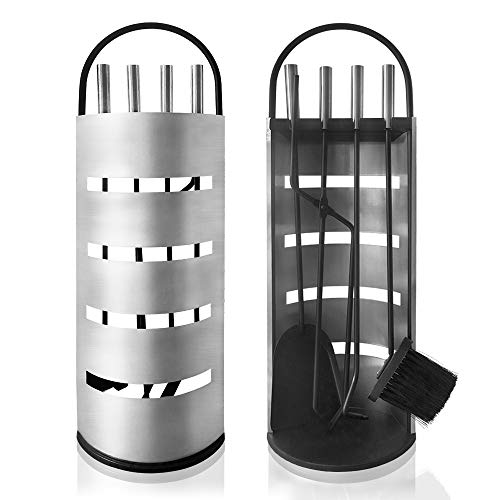 UISEBRT Utensilios para chimenea de acero inoxidable, moderno juego de cubiertos para chimenea, 5 piezas: soporte de acero inoxidable con protección visual, pinzas, atizador y pala para cenizas.