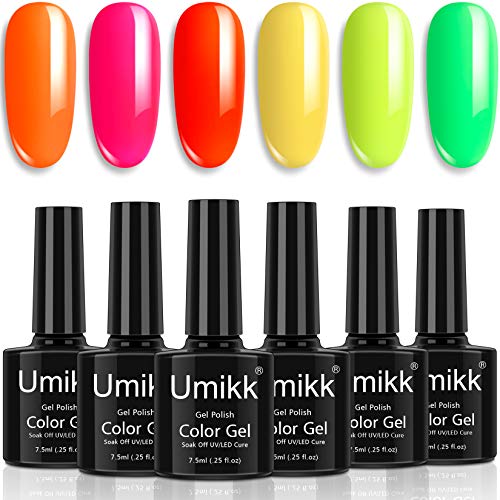 Umikk Juego de esmalte de uñas de gel 6 colores de neón Naranja brillante Magenta Amarillo Verde 7.5ml Remojo UV LED Cure Colores de verano para manicura y pedicura de uñas