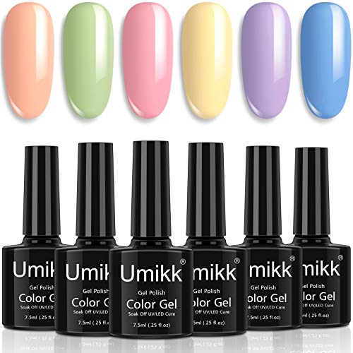 Umikk Juego de esmaltes en gel para uñas 6 colores pastel coral verde rosa, amarillo morado azul primavera verano color 7,5 ml remojo de UV LED cura para uñas manicura pedicura