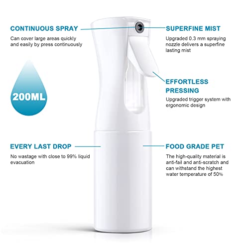 URAQT Botella Spray Pulverizador Recargable, 200ml Niebla Fina Pulverizador Agua Continuo, Botella Atomizador Agua Peluqueria, Botella de Aerosol para Peinado, Plantas, Mascotas, Limpieza (Blanco)