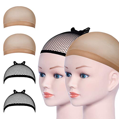 URAQT Gorras de Peluca, 4 Piezas Redecillas Casquillo de Peluca de Nylon, Desnudo Beige Natural y Negro Malla,Transpirable, Cómodo, de Extremo Cerrado, Taza para El Cabello para Mujeres y Hombres