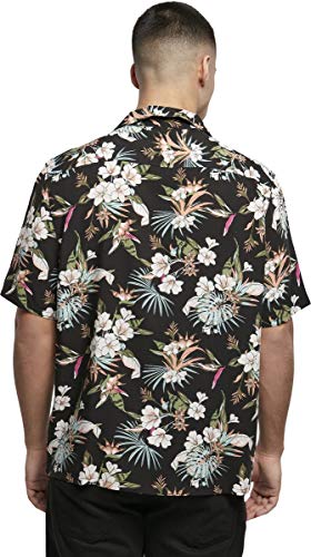 Urban Classics Viscose AOP Resort Shirt Hombre, Camisa Hawaiana con Estampado de Flores y Cuello Vuelto, Tallas S-5XL, Blacktropical, M