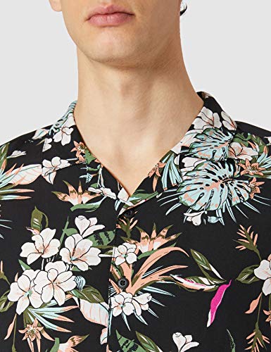 Urban Classics Viscose AOP Resort Shirt Hombre, Camisa Hawaiana con Estampado de Flores y Cuello Vuelto, Tallas S-5XL, Blacktropical, M