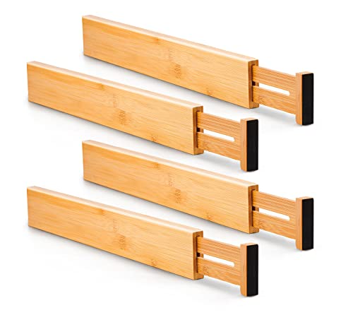 Utoplike Separadores de Cajones de Cocina de Bambú (42.7-55.4 cm), Organizador de Cajones Ajustable, Organizador de Cajones de Utensilios de Cocina con Resorte (paquete de 4)