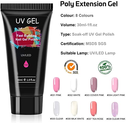 UV GEL Para Uñas Kit, MYSWEETY 8 Color Rosa Blanco UV GEL para Pintauñas Esmalte, con Capa superior y Capa base, Utensilios, 100 Piezas Uña Falsa