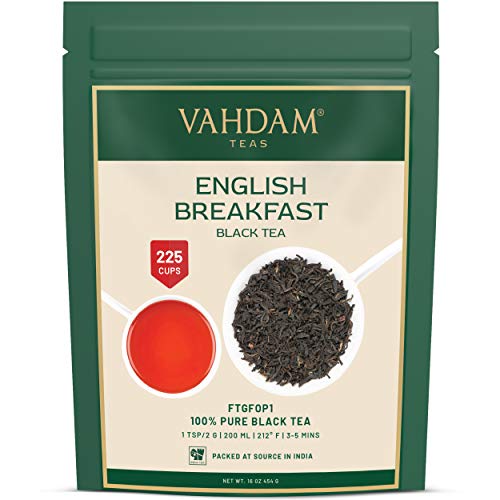 VAHDAM, Desayuno inglés original Hojas de té negro, 454g (200 tazas) FUERTE, RICO Y AROMÁTICO, Té de hojas sueltas, el mejor té negro del mundo Hojas sueltas, FTGFOP1 Hoja de grado largo de la India