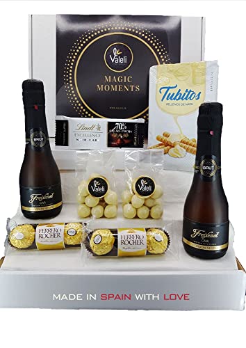 Valeli, Freixenet Corden Negro 2 cava mini 200ml. Cesta delicatessen bombones Ferrero Rocher, Lindt. Regalo original Navidad, San Valentín, Cumpleaños.Estuche gourmet para regalar (CORDON NEGRO BRUT)