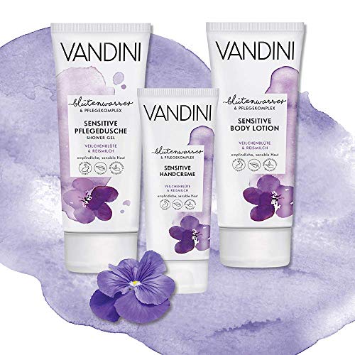 VANDINI gel de ducha para pieles sensibles con flor de violeta y leche de arroz - gel de baño delicado con la piel - Jabón vegano sin siliconas ni parabenos - 1x 200 ml