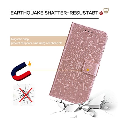 VemMore Funda para Huawei P Smart Carcasa Libro con Tapa Flip Folio Case de PU Cuero Silicona Soporte Plegable Ranuras Tarjetas y Billetera Magnético Ultra-Delgado Cover Flor Girasol - OroRosa