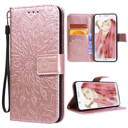 VemMore Funda para Huawei P Smart Carcasa Libro con Tapa Flip Folio Case de PU Cuero Silicona Soporte Plegable Ranuras Tarjetas y Billetera Magnético Ultra-Delgado Cover Flor Girasol - OroRosa