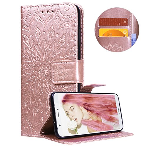 VemMore Funda para Huawei P Smart Carcasa Libro con Tapa Flip Folio Case de PU Cuero Silicona Soporte Plegable Ranuras Tarjetas y Billetera Magnético Ultra-Delgado Cover Flor Girasol - OroRosa