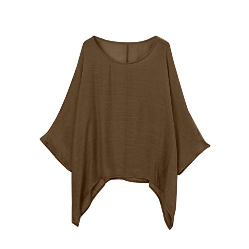 VEMOW Blusas Mujer Tops Damas de Mujer Camisetas Casual Talla Grande Algodón Lino Suelto Blusas de Color sólido Camisa(W1 Café,XXL)