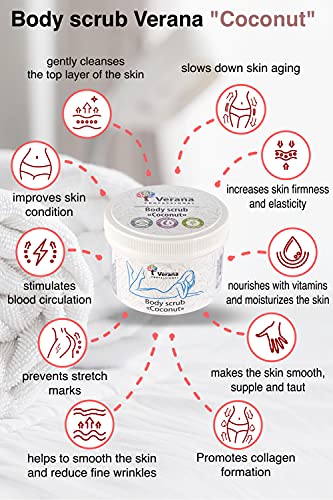 Verana Exfoliación Corporal Coco, Producto Orgánico Para Todos Los Tipos De Piel, Tratamiento Anticelulítico Y Humectante, Restaura La Elasticidad Normal De La Piel, 300 G