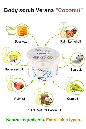 Verana Exfoliación Corporal Coco, Producto Orgánico Para Todos Los Tipos De Piel, Tratamiento Anticelulítico Y Humectante, Restaura La Elasticidad Normal De La Piel, 300 G