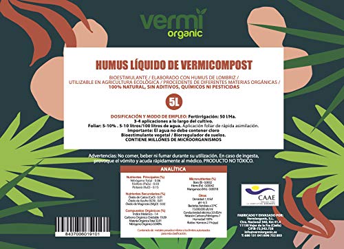 VERMIORGANIC Humus Líquido de Lombriz Ecológico, 5L. Rico en Microorganismos. Regenera de la Vida del Suelo.