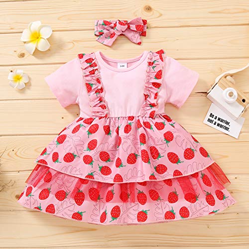 Vestido Casual Verano y Diadema de Lazo para Bebé Niña Vestido de Princesa de Manga Corta con Estampado de Fruta Flor Vestido de Línea A de Niña Pequeña para Fiesta Cumpleaños (Fresa, 9-12 Meses)