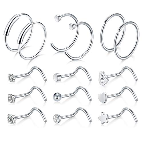 VFUN 15 Piezas 20G Acero Inoxidable Piercing Nariz Anillo Piercing Falso Piercing Labio Mujer Hombre Piercing Joyería - Plata