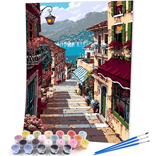 VIKMARI Kit de pintura por números para adultos Paisaje DIY Pintura al óleo por número Kit para niños pintura por número con pinceles lupa 40x50 cm Harbor Localidad Sin marco