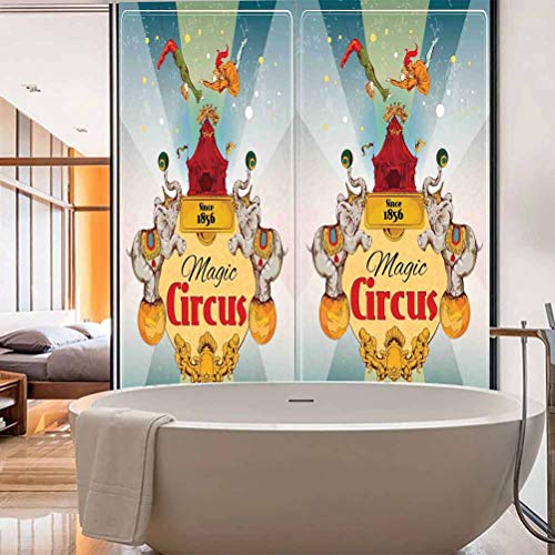 Vinilo adhesivo para ventana de baño con diseño de circo, decoración de circo Magic Circus tienda de campaña de anuncio Vinta, película de vidrio estática para baño, oficina, sala de reuniones y sala