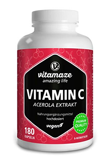 Vitamina C Acerola de Dosis Alta, 160 mg Vitamina C Natural, 660 mg de Extracto de Acerola, Vegano y Óptimamente Biodisponible, 180 Cápsulas para 6 Meses, Suplemento sin Aditivos Innecesarios