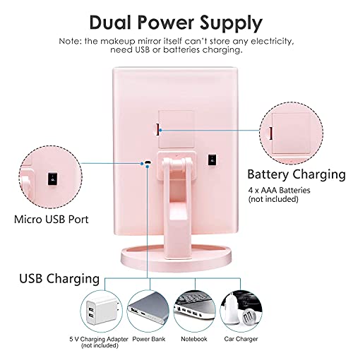 WEILY Espejo de Maquillaje Iluminado con Lupa 2X/3X, 21 Luces LED, Doble Fuente de alimentación, Brillo y ángulo Ajustables (Rosa)