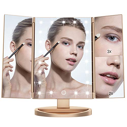 WEILY Espejo de Maquillaje,1x / 2X / 3X Espejo de Maquillaje de Tres Pliegues con 21 Luces LED y Pantalla táctil Ajustable Espejo Iluminado Tocador Espejos cosméticos de encimera (Oro)