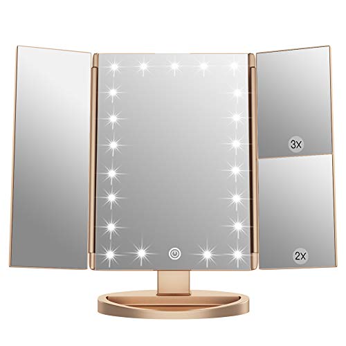 WEILY Espejo de Maquillaje,1x / 2X / 3X Espejo de Maquillaje de Tres Pliegues con 21 Luces LED y Pantalla táctil Ajustable Espejo Iluminado Tocador Espejos cosméticos de encimera (Oro)