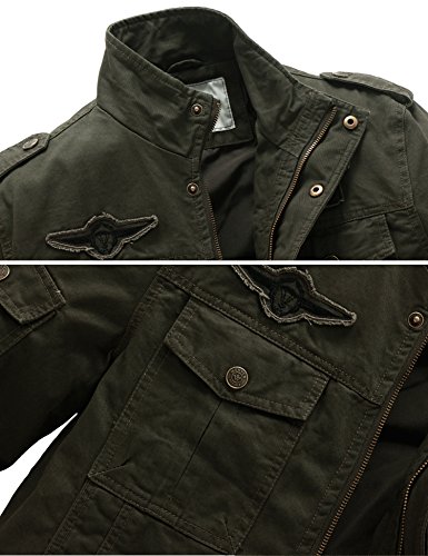 WenVen Chaqueta de Algodón Casual Chaqueta Cuello Alto Sahariana Chaqueta Informal con Bucles de Hombro Chaqueta Fina Joven Hombres Verde Militar XX-Large