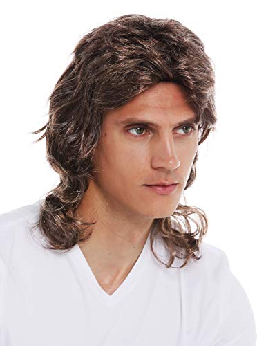 WIG ME UP- 31915-FRT34-66 Peluca Halloween Carnaval Hombres Mullet farru Pelo Ondulado Rizado los 80 castaño mechones rubios hasta los Hombros