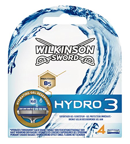 Wilkinson Sword Hydro 3 - Cargador de 4 cuchillas de afeitar masculinas de tres hojas Hydro 3 con dosificador de gel para una maxima hidratacion