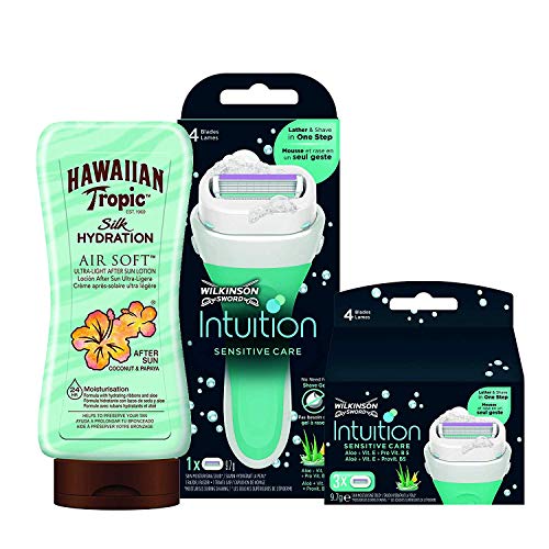 Wilkinson Sword Intuition Sensitive Care + Cargador de 4 cuchillas + Hawaiian Tropic AfterSun Air Soft - Loción Hidratante Ultra Ligera, Coco y Papaya