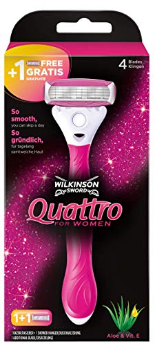 Wilkinson Sword Quattro for Women - Maquinilla de 4 cuchillas para depilación femenina de cabezal pivotante con gel lubricante de Aloe Vera y Vitamina E