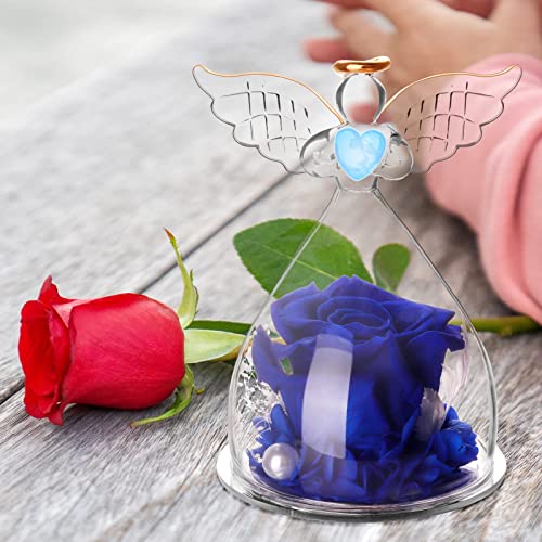 Winthai Figura de ángel con rosa eterna, ángel en cristal con cúpula de cristal, figura de ángel azul, rosa, decoración para regalo para mujeres, novia, madre, cumpleaños, boda