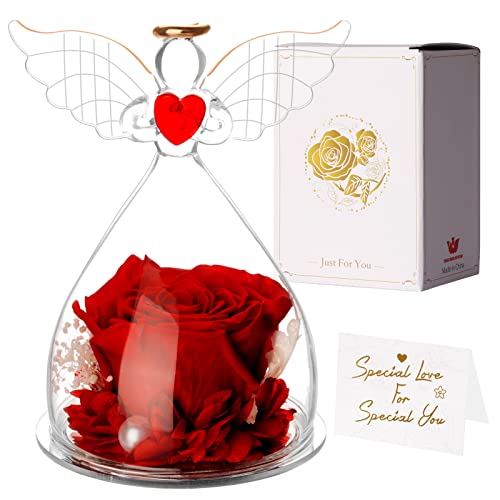 Winthai Figura de ángel rosa eterna regalo para mujeres, ángel de flores eternas en cristal cúpula de cristal, rosa roja eterna, hecha a mano, mujer, novia, madre, cumpleaños, boda