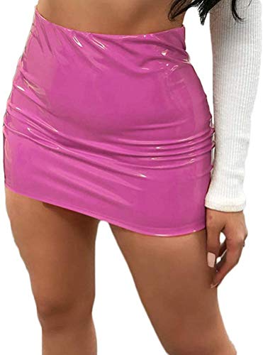 Women Bodycon Sexy Mini Pencil Skirt PU Leather High Waist Bright Straight A-Line Tight Club Nightout Wear (Pink, L)