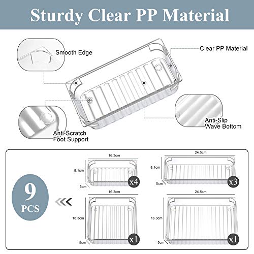XCOZU Juego de 9 Cajas Organizadoras, 4 Tamaños Organizadores para Cajones de Plástico Cajas De Almacenamiento, Tranparente Organizadores de Cajones Separados para Baño Cocina Oficina Tocador