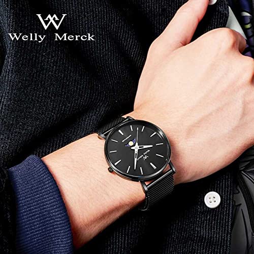 XIAOSHIDAI Welly Merck, Reloj de Fase de Luna del Regalo de San Valentín, Reloj Luminoso de Fase Lunar de los Hombres, Moda Reloj de Hombre Simple y versátil, [Oro]