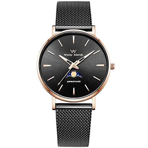 XIAOSHIDAI Welly Merck, Reloj de Fase de Luna del Regalo de San Valentín, Reloj Luminoso de Fase Lunar de los Hombres, Moda Reloj de Hombre Simple y versátil, [Oro]