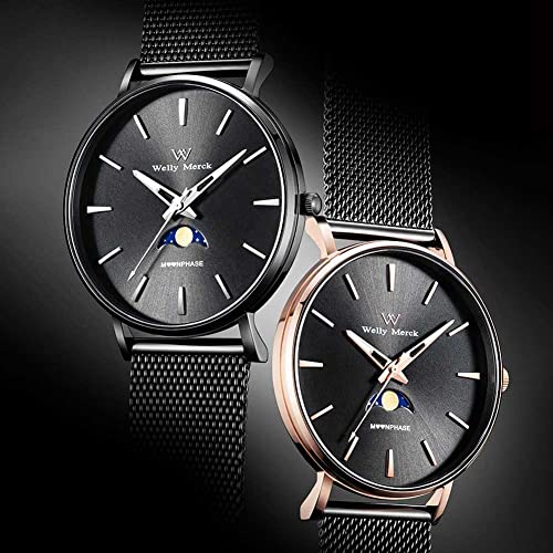 XIAOSHIDAI Welly Merck, Reloj de Fase de Luna del Regalo de San Valentín, Reloj Luminoso de Fase Lunar de los Hombres, Moda Reloj de Hombre Simple y versátil, [Oro]