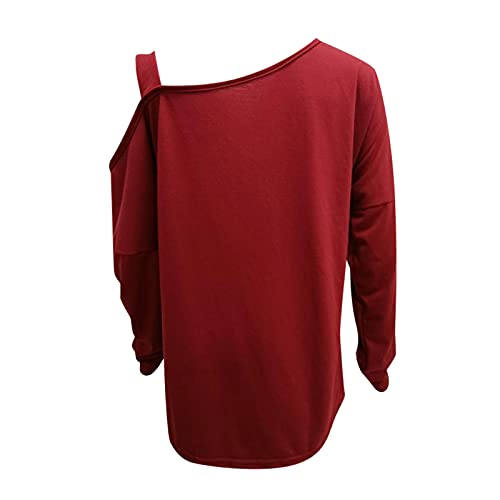 XUNN Blusa de manga larga de un solo color, cuello redondo, suelta, blusa con hombros descubiertos, camisa, suéter, parte superior de manga larga, camisetas, tallas S-XXL, rojo, L