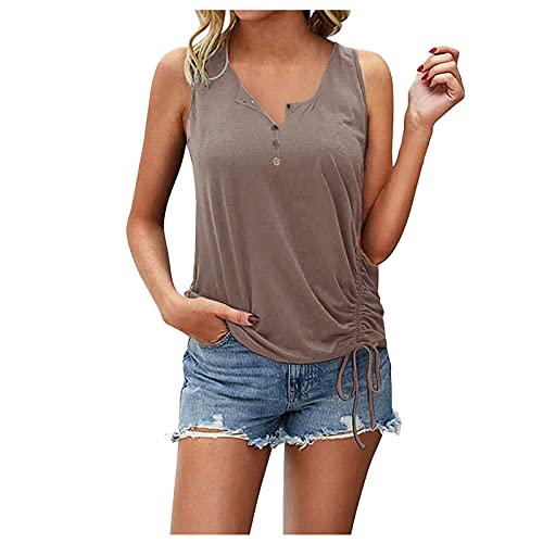 XUNN Camiseta de tirantes para mujer, de verano, sexy, con botones, con cordón, fruncido, blusa para mujer, Rosa., M