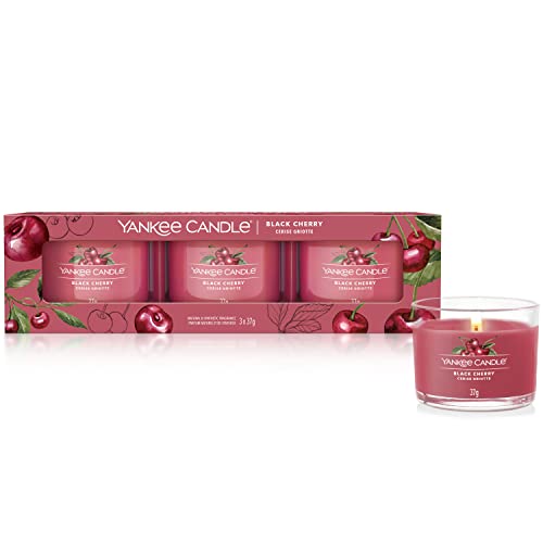 Yankee Candle Juego de velas perfumadas para regalo, Velas votivas rellenas de cereza negra, Mezcla de cera de soja, 3 unidades (1701393E)