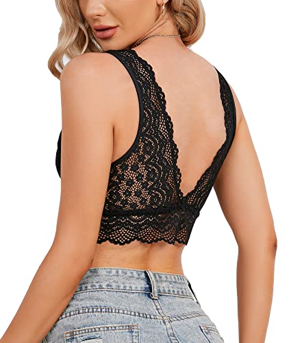 YIANNA Mujer Sujetador Encaje sin Aros Lace Bralette sin Relleno Sujetadores Comfort Bra Top de Negro, 8336 Size XL