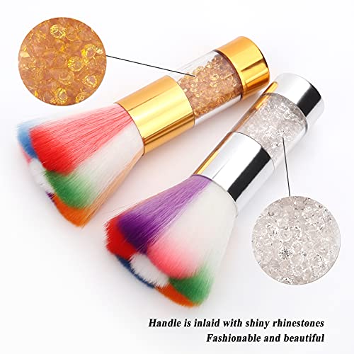 Yokilly Pincel de polvo para uñas, 2 pinceles de acrílico coloridos, con diamantes de imitación, suaves cepillos para limpiar uñas, gel UV, polvo para uñas o maquillaje