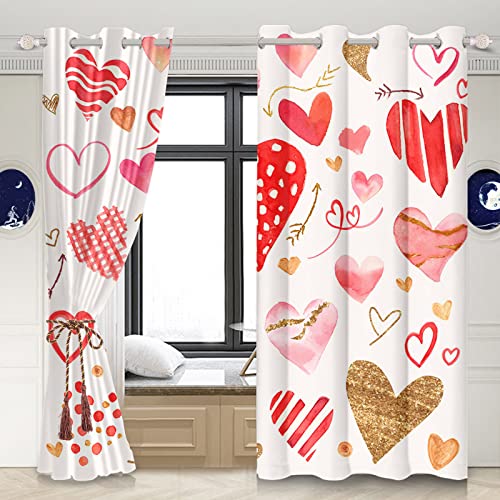 YongFoto 132x214cm Cortinas Opacas de San Valentín Dulce Rosa Rojo Oro Brillo Amor Corazón Flecha Dorada Feliz Día San Valentín para Cortinas Ventana Salón Dormitorio, Juego de 2 Paneles con Agujeros